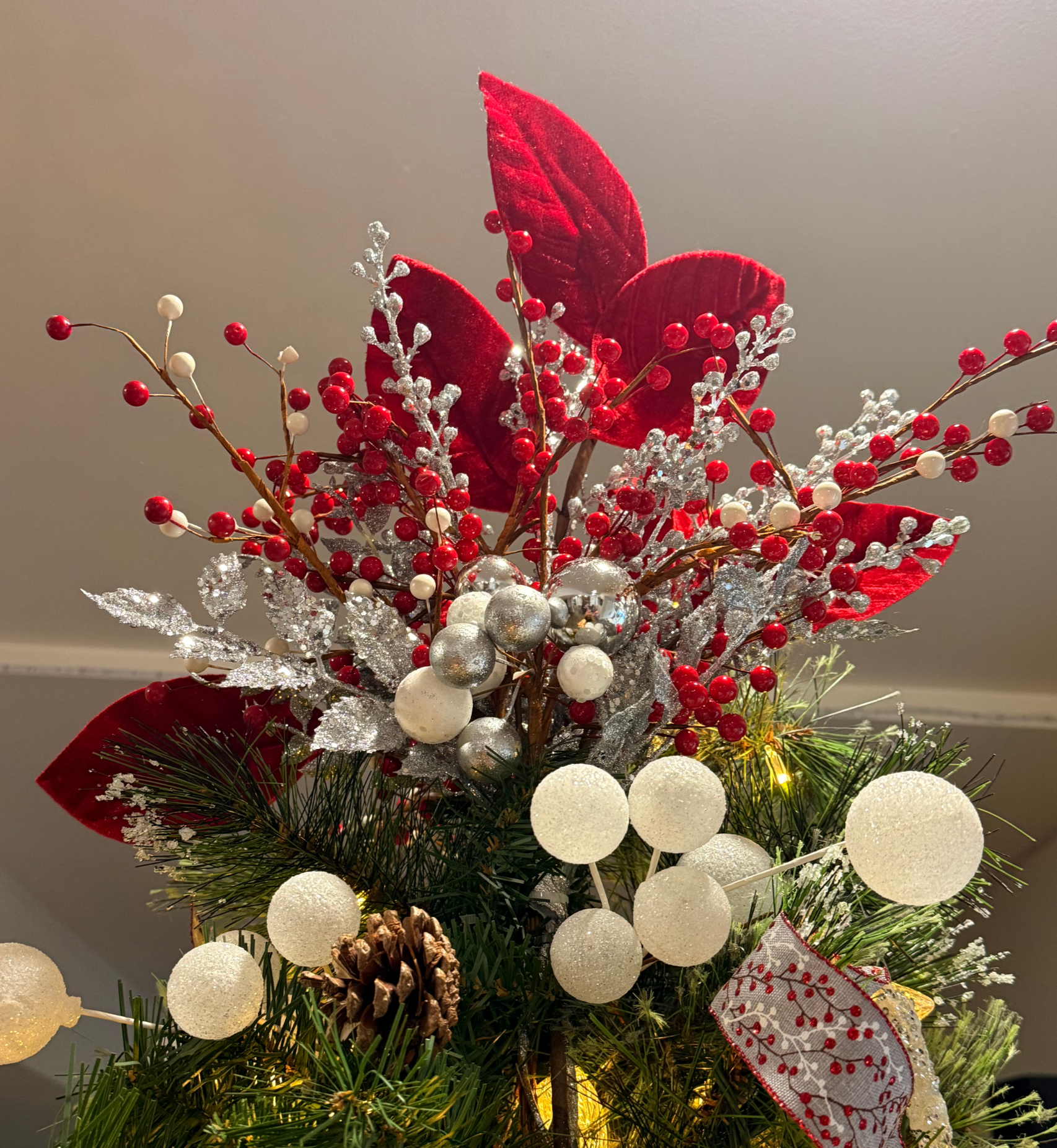 Custom Christmas Tree Topper - Red Magnolia and Silver Sparkle