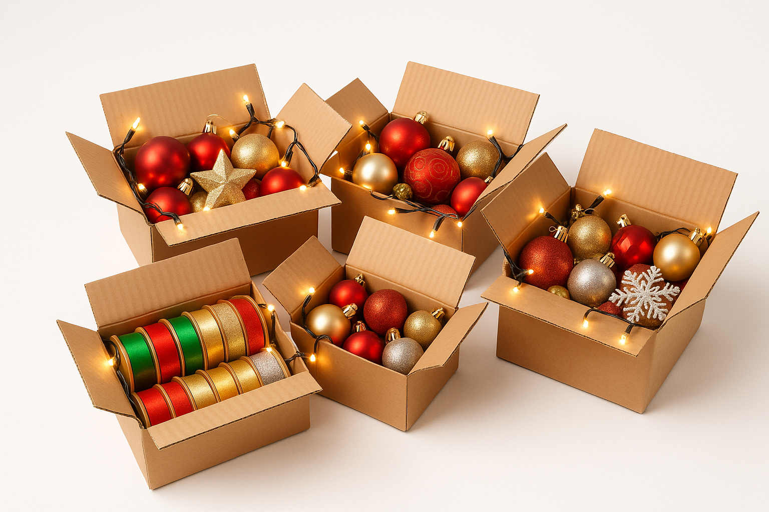 put together a picture of boxes of extra lights, ornaments, ribbons on a white background with the lights lit and the size should be 1018 x 1024