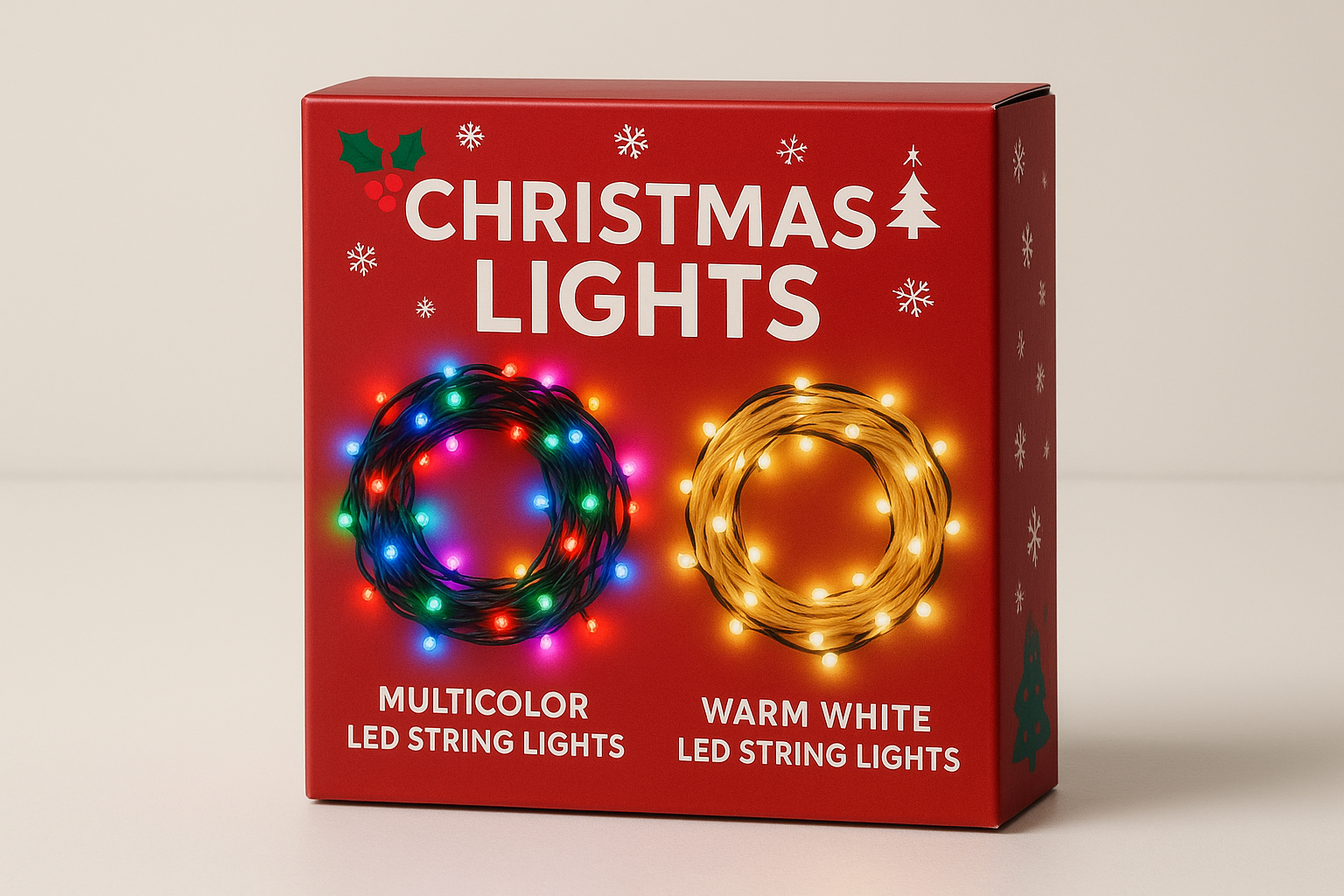 show me a box of christmas lights both color and warm white