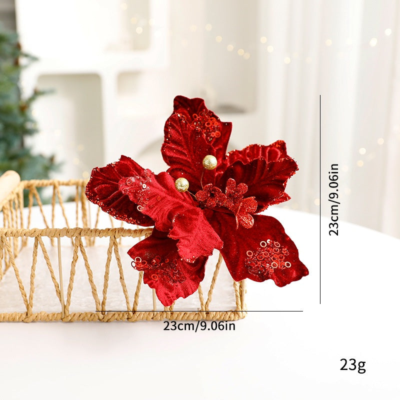 Christmas Decorative Artificial Flower with Glitter Velvet Material Christmas Theme Table Decoration Everlasting Flower