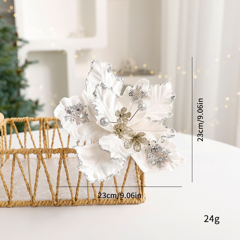 Christmas Decorative Artificial Flower with Glitter Velvet Material Christmas Theme Table Decoration Everlasting Flower