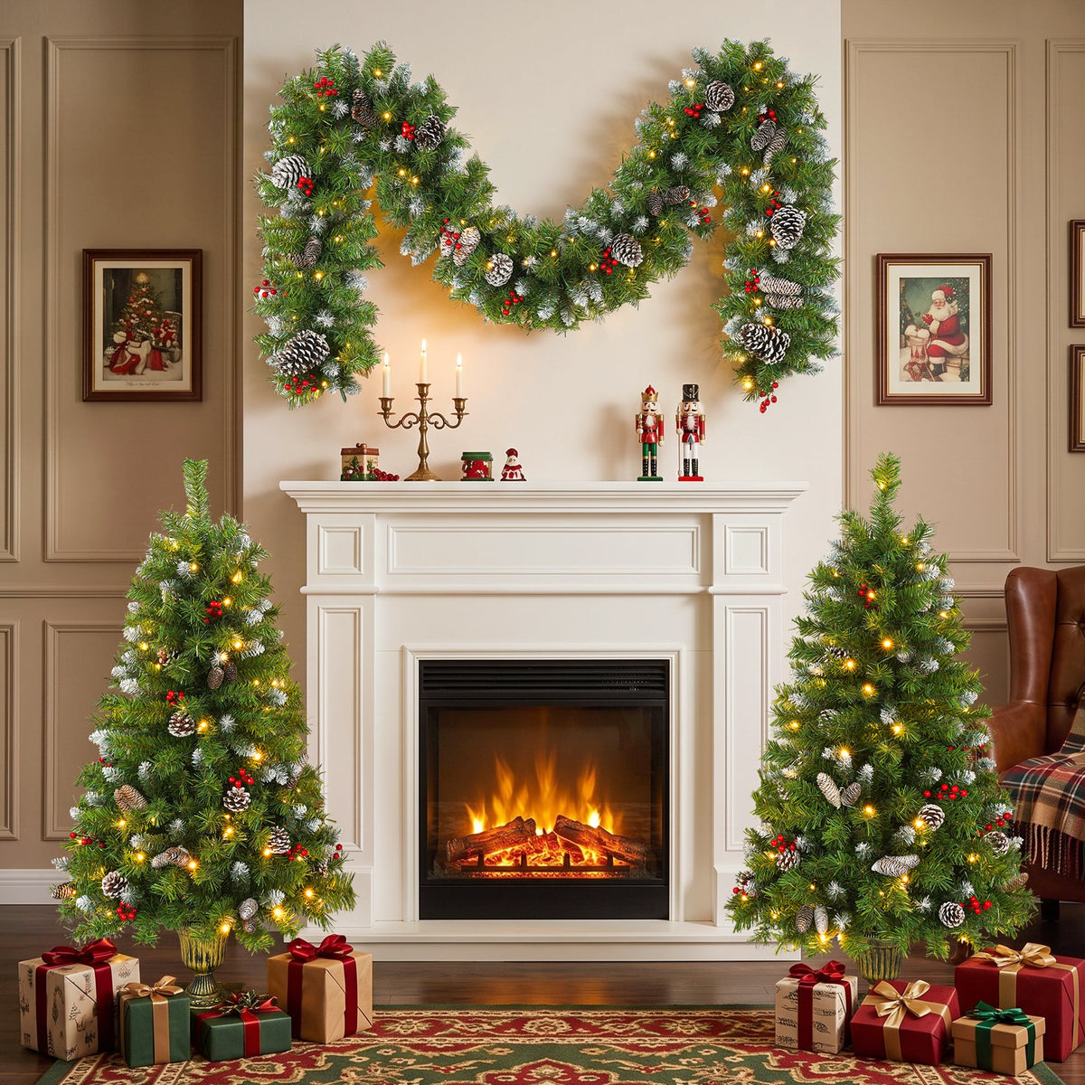 Pre-Lit Artificial Christmas Tree 3-Piece Set with LED Lights - Green