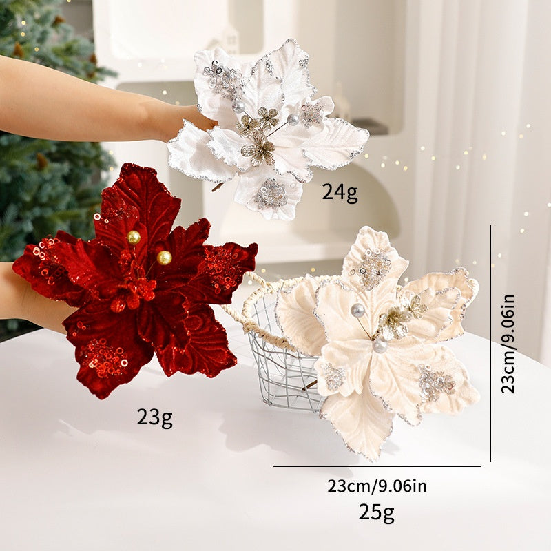 Christmas Decorative Artificial Flower with Glitter Velvet Material Christmas Theme Table Decoration Everlasting Flower
