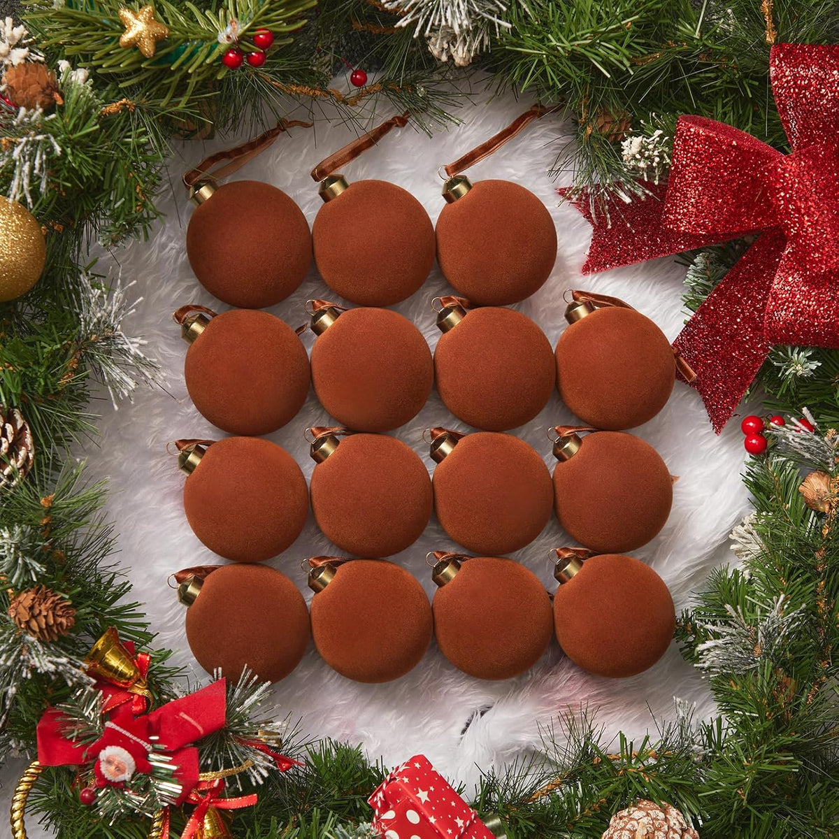 Brightown 15 Pcs Red Velvet Christmas Balls, 3.15 Inch Velvet Ornaments for Christmas Tree, Christma Tree Flocked Ornaments Balls for Family Holiday Wedding Party Xmas Hanging Decoration