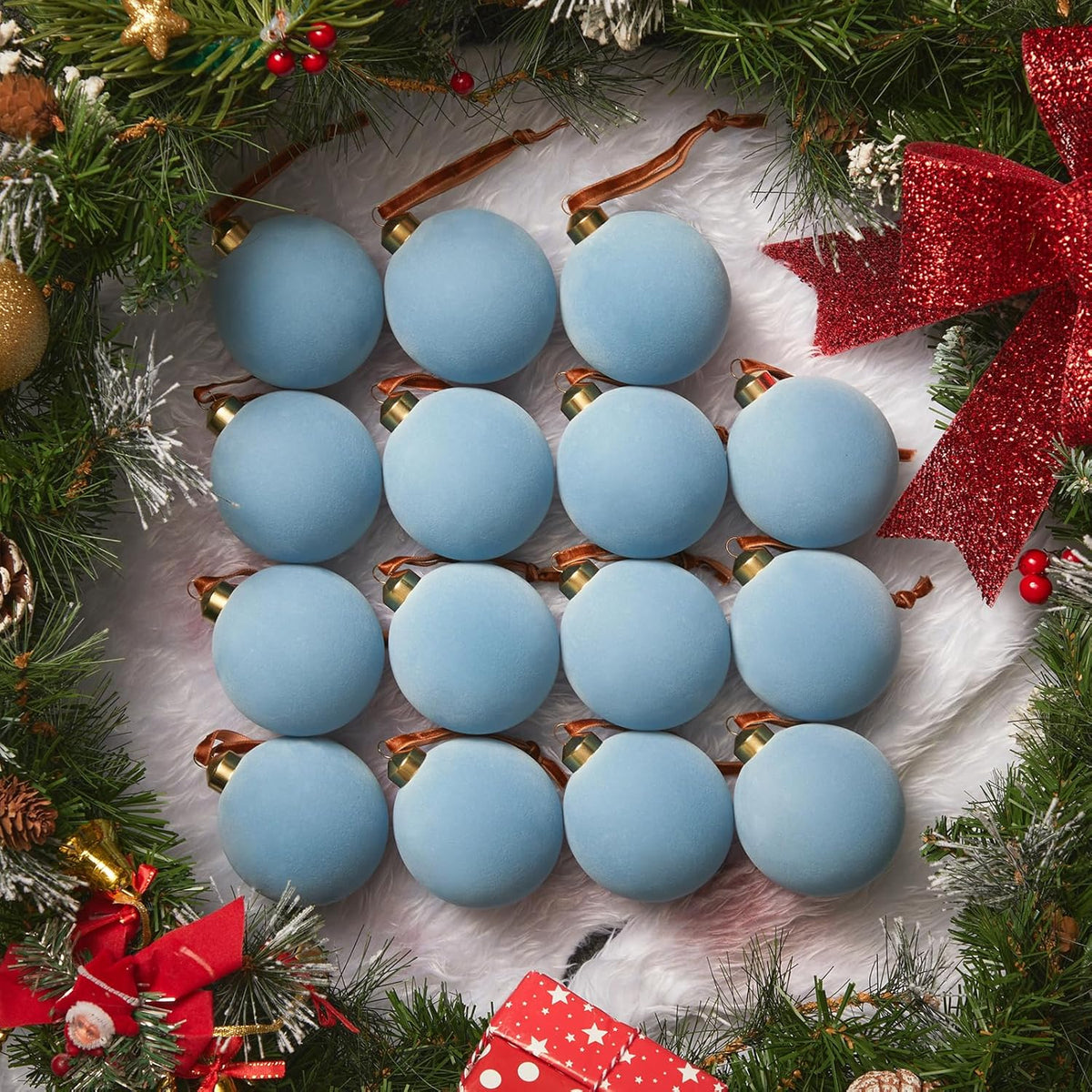 Brightown 15 Pcs Red Velvet Christmas Balls, 3.15 Inch Velvet Ornaments for Christmas Tree, Christma Tree Flocked Ornaments Balls for Family Holiday Wedding Party Xmas Hanging Decoration