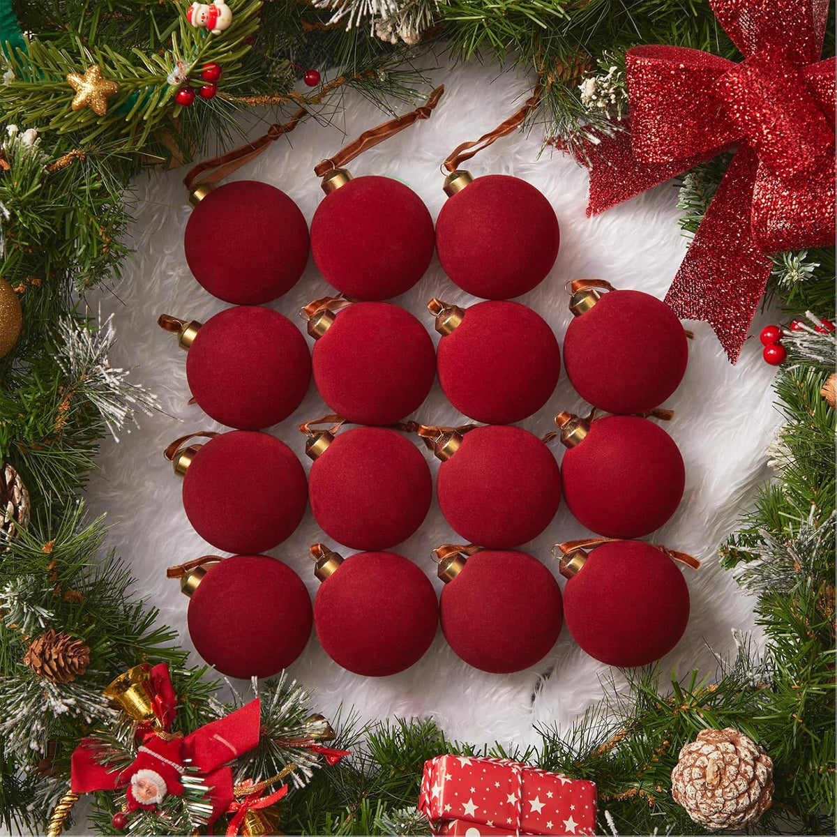 Brightown 15 Pcs Red Velvet Christmas Balls, 3.15 Inch Velvet Ornaments for Christmas Tree, Christma Tree Flocked Ornaments Balls for Family Holiday Wedding Party Xmas Hanging Decoration