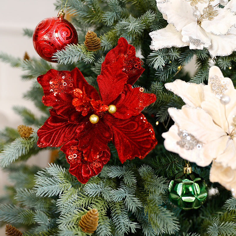 Christmas Decorative Artificial Flower with Glitter Velvet Material Christmas Theme Table Decoration Everlasting Flower
