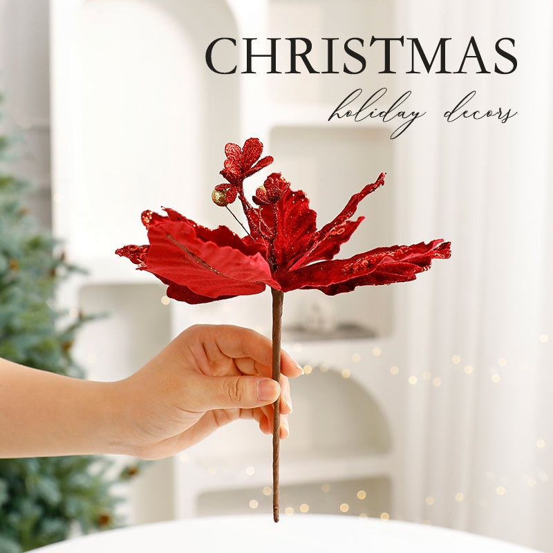 Christmas Decorative Artificial Flower with Glitter Velvet Material Christmas Theme Table Decoration Everlasting Flower