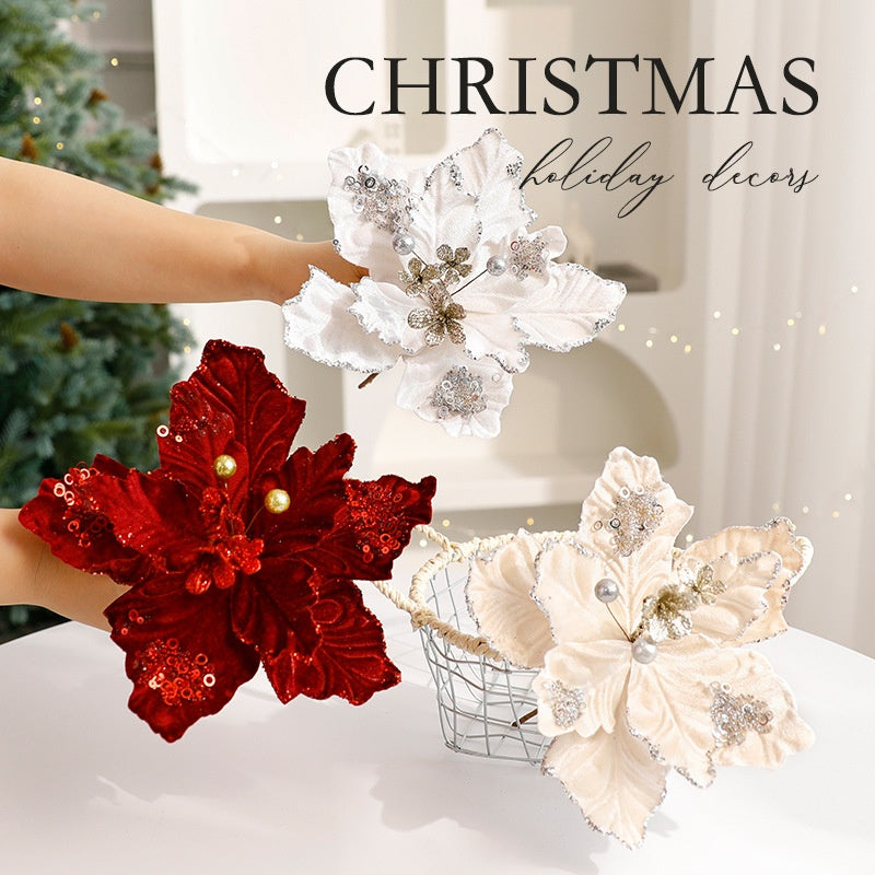 Christmas Decorative Artificial Flower with Glitter Velvet Material Christmas Theme Table Decoration Everlasting Flower