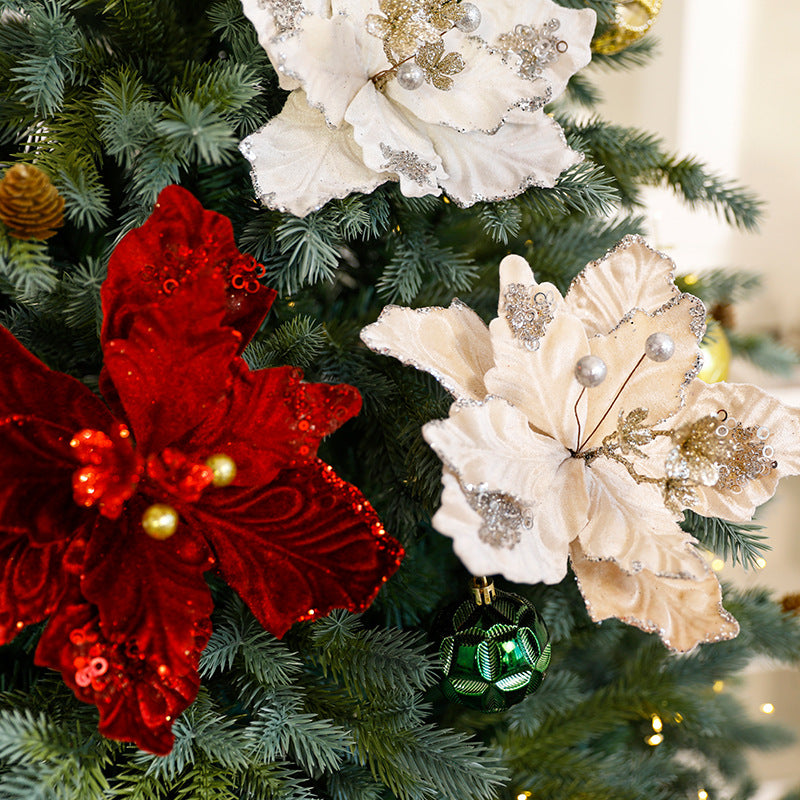 Christmas Decorative Artificial Flower with Glitter Velvet Material Christmas Theme Table Decoration Everlasting Flower