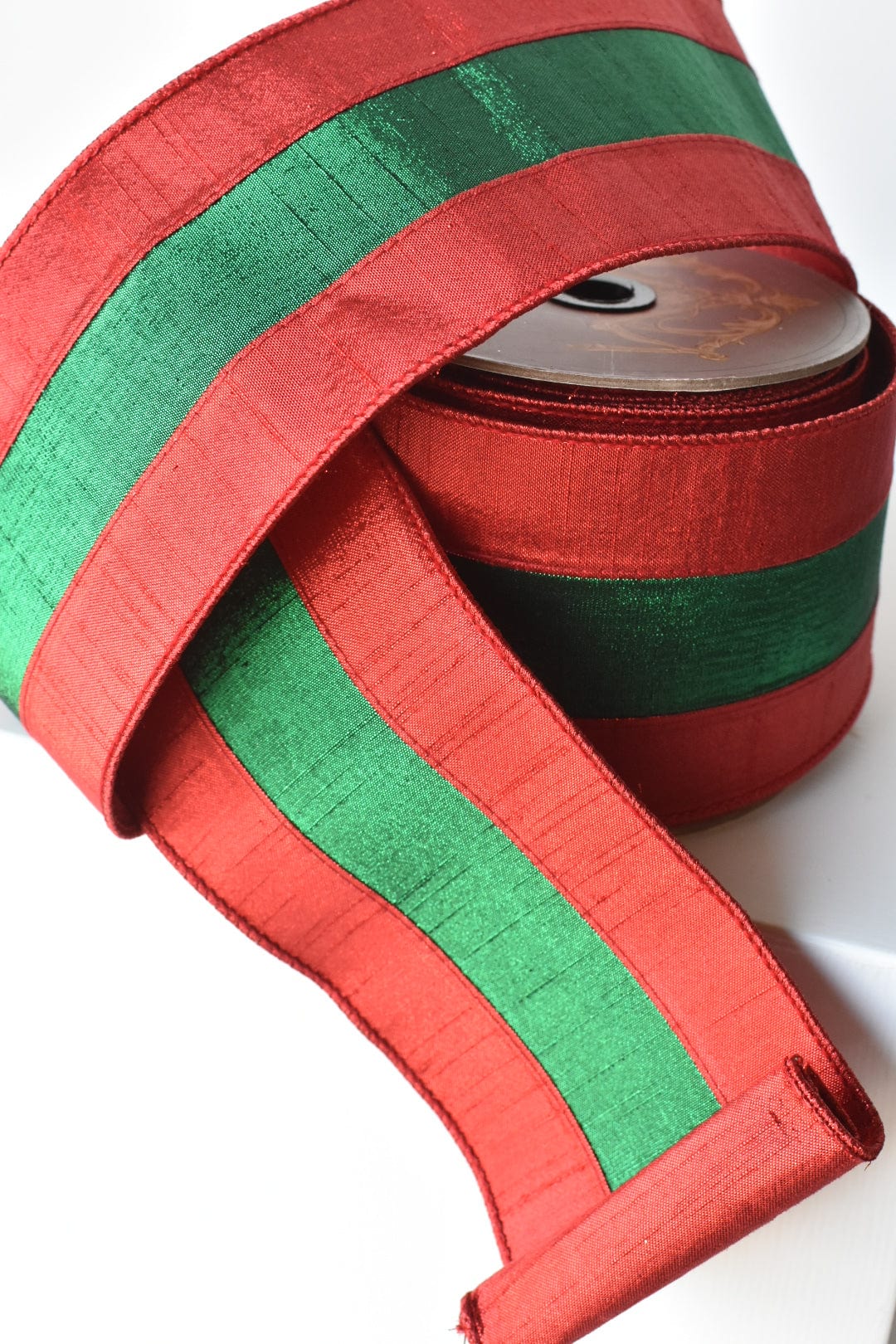 4" x 10yd Red Lame Silk w/Green Lame Stripe Ribbon