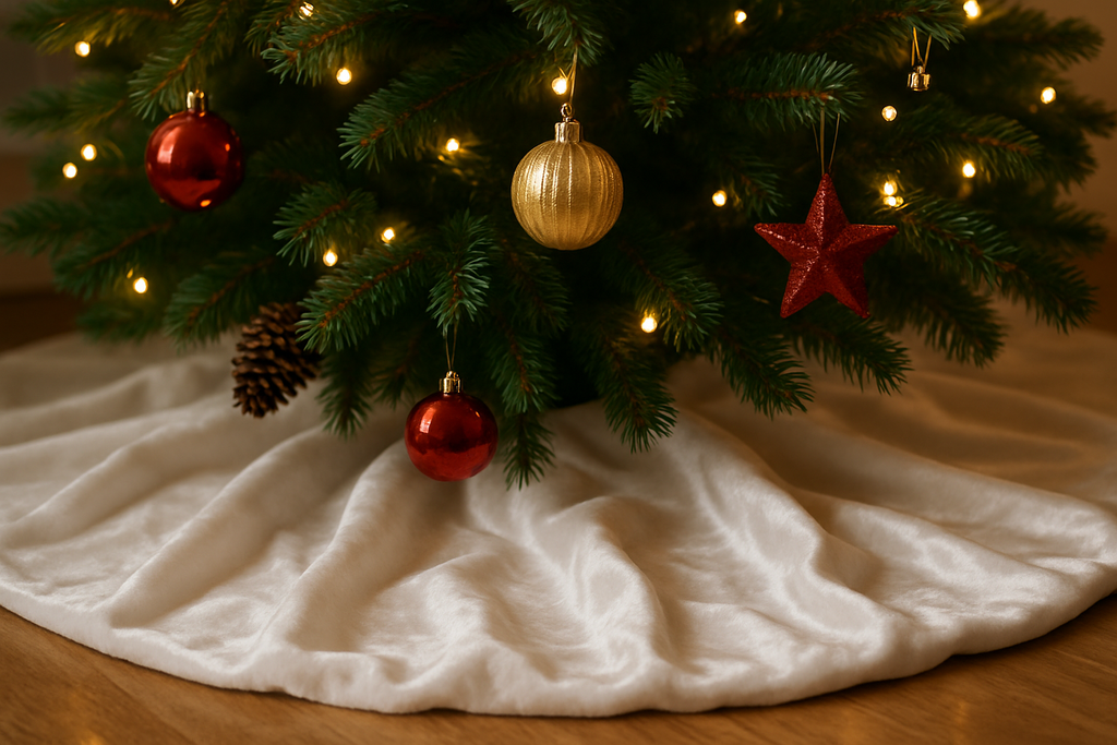 bottom half of a christmas tree with a velvet white tree skirt