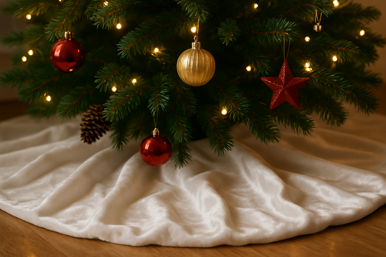 bottom half of a christmas tree with a velvet white tree skirt