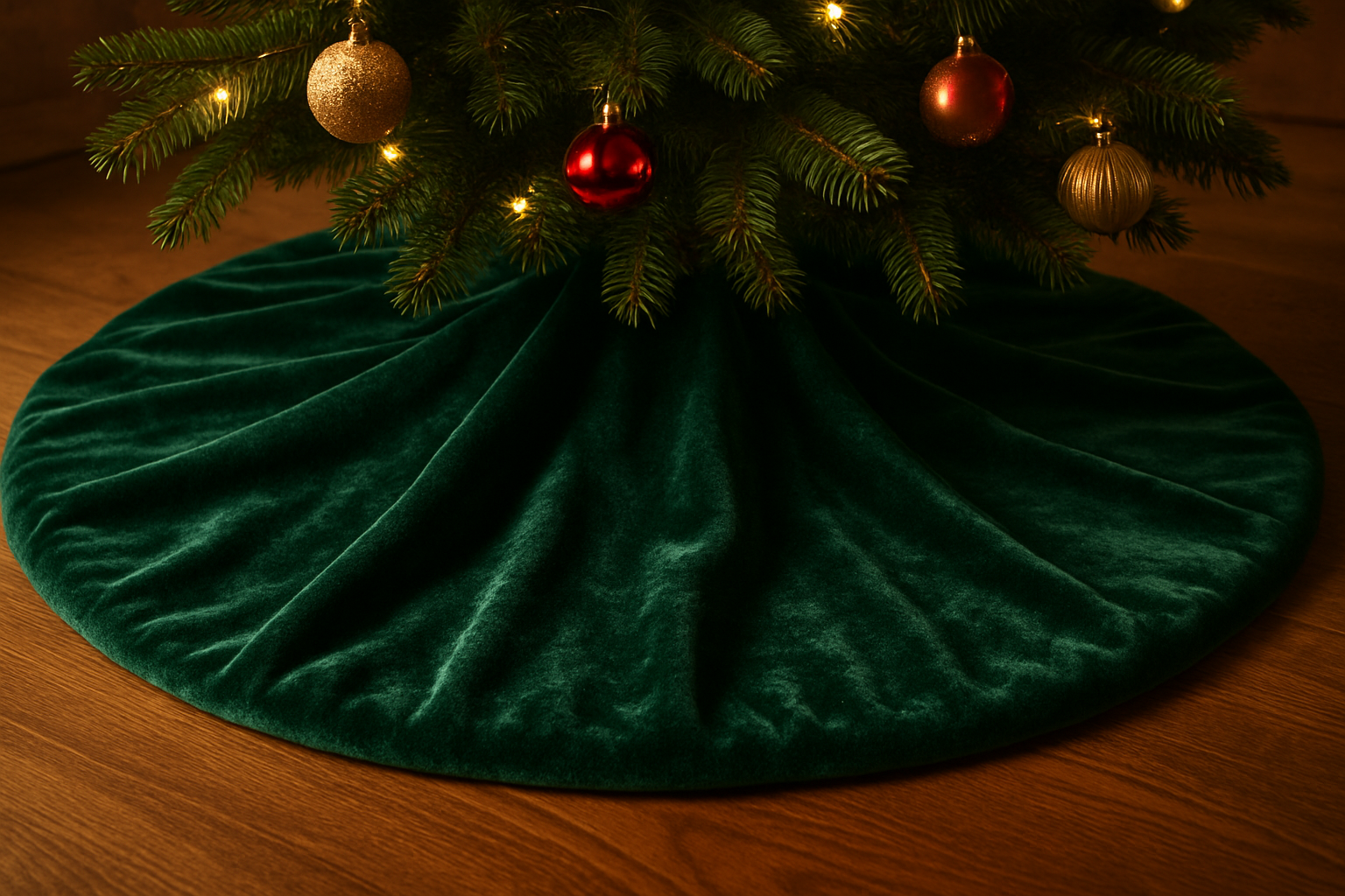 generate a pic of the bottom of a christmas tree with a green velvet skirt