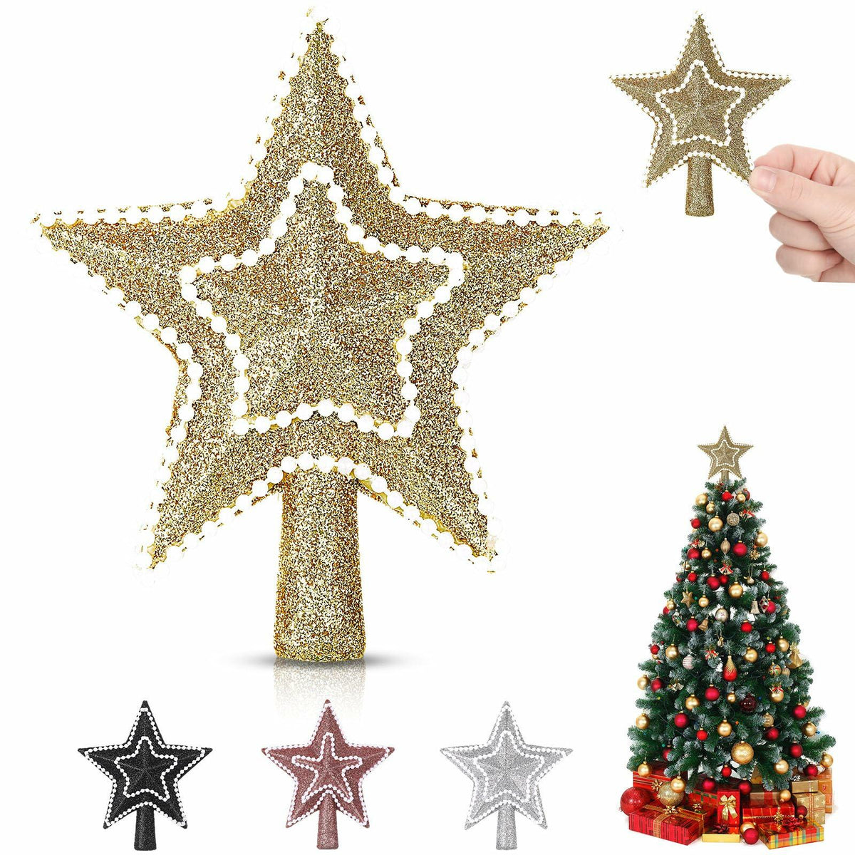 Hollowfly Mini Star Christmas Tree Topper Pearl Black 10 Inch