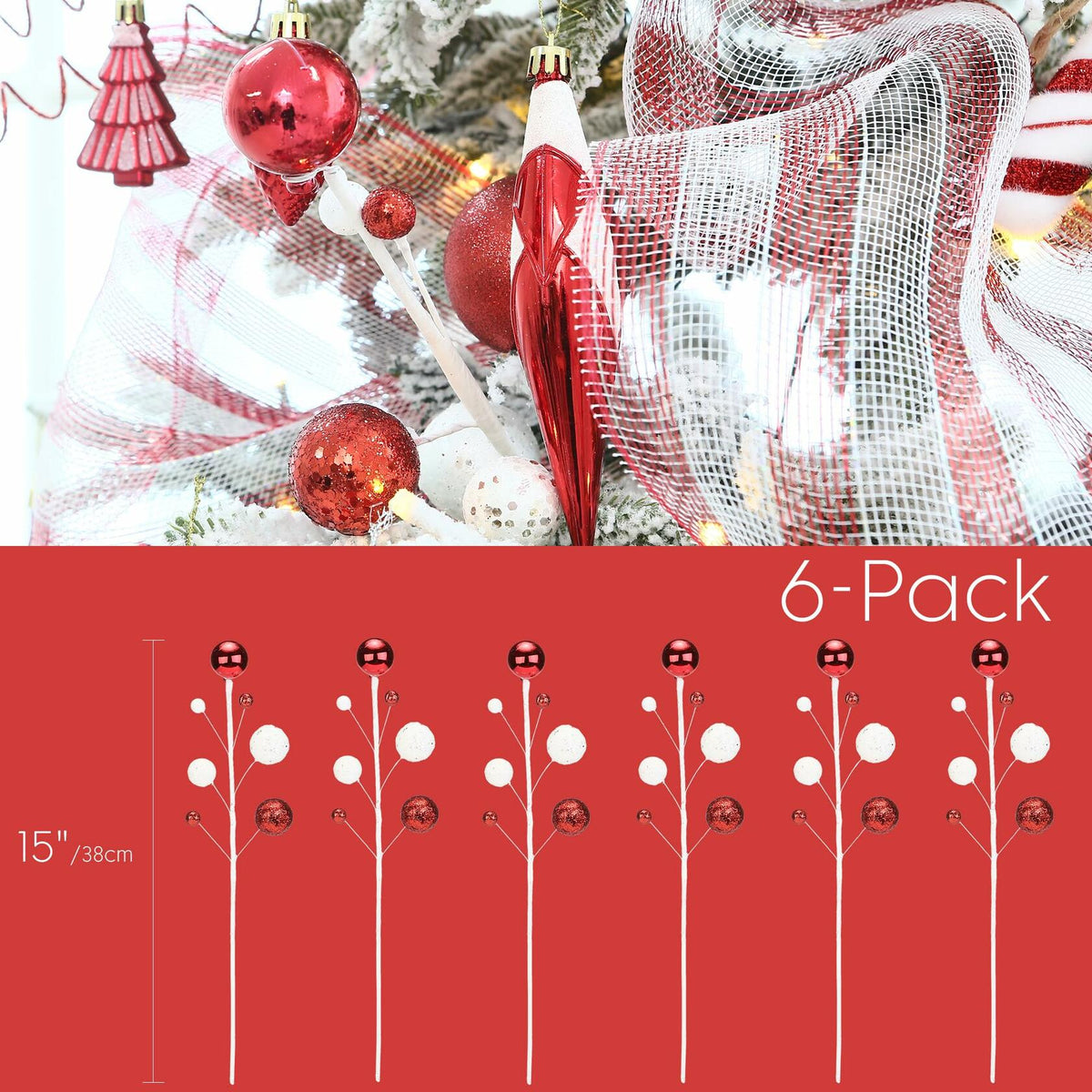 Sea Team Christmas Tree Branches Ornaments Twigs 15-Inch Champagne White 6-Pack