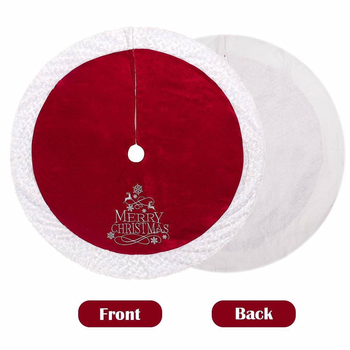 USILAND Christmas Tree Skirt Brown Velvet Snowflakes Embroidery 32in